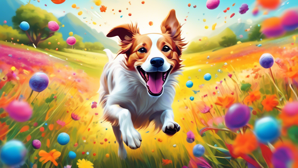 A cheerful dog running through a colorful meadow with vibrant illustrations of glucosamine and chondroitin molecules floating around, symbolizing health and vitality.