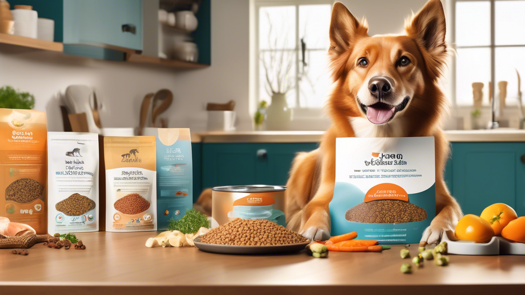 A variety of high-quality dog foods specifically formulated for canines with skin allergies, displayed in a serene kitchen setting, with a happy, healthy-looking dog sitting nearby. Each food package