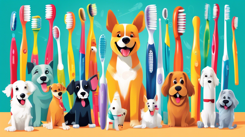 Illustration of a variety of toothbrushes of different shapes, sizes, and colors, each marked with different dog breeds, showcasing them on a bright, animated veterinary clinic background with a happy