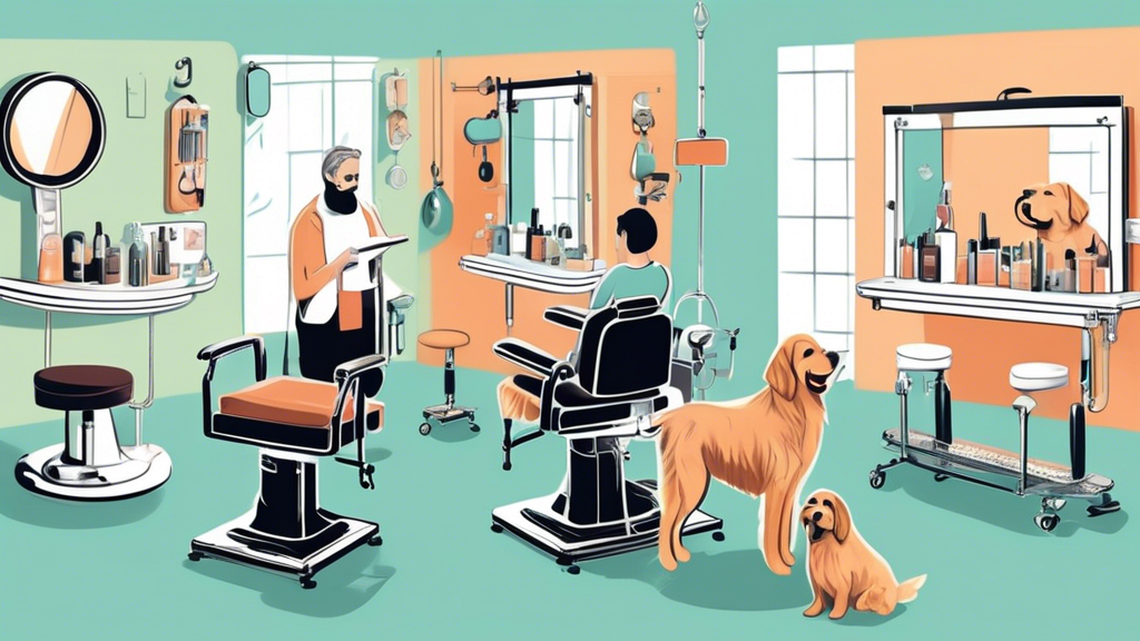 An illustration of a well-equipped grooming salon with various styles of grooming tables, each suited for a different breed of dog, showcasing an adjustable, hydraulic table for a large breed, a porta