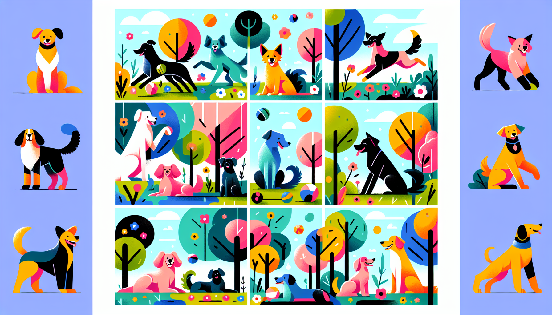 Colorful illustration of various breeds of joyful, playful dogs engaging in different fun activities in a sunny park setting.