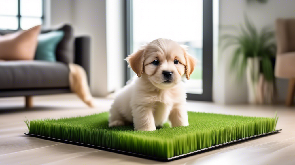 An adorable puppy using a realistic indoor potty grass system set in a stylish modern living room, with a variety of potty grass options displayed in the background, natural light filtering through la