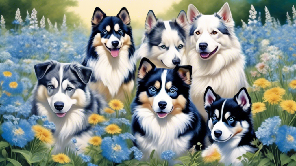 Create an artistic image of a serene park with a variety of dog breeds, each featuring striking blue eyes, frolicking amidst blooming wildflowers under a clear blue sky. The center should focus on a h
