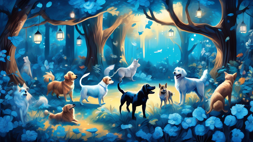 A digital painting of a whimsical forest scene where various breeds of dogs with bright blue eyes are playfully interacting with woodland creatures under a canopy of luminous, oversized blue flowers,