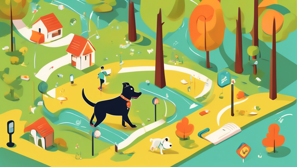 A cartoon-style illustration of a happy dog walking in a park, wearing a stylish GPS tracker collar, surrounded by icons representing safety, connectivity, and location pinpointing.