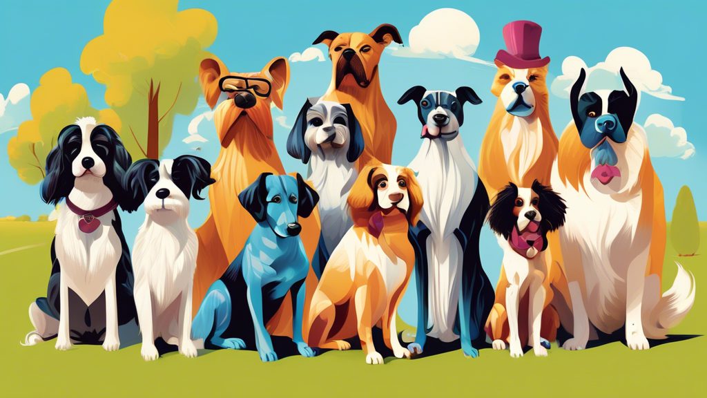 A whimsical digital art piece showcasing a lineup of different dog breeds, each with exaggerated, distinctive moustaches in various styles, set in a well-groomed park under a bright blue sky.