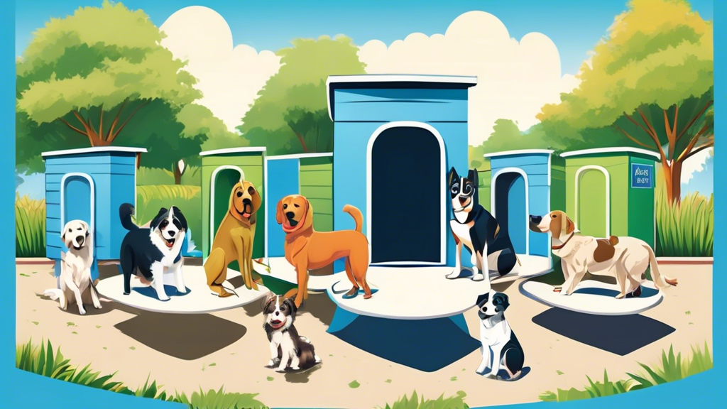 Diverse dogs lined up in a neatly arranged outdoor potty area featuring eco-friendly facilities, with visible greenery and user-friendly signage, under a clear blue sky.