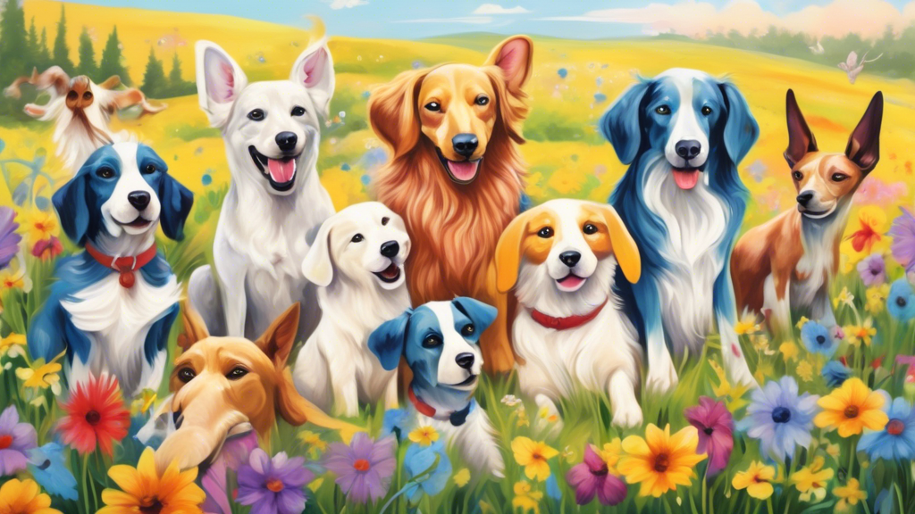 A whimsical painting of a variety of dogs with exceptionally long ears, lounging together in a sunlit meadow filled with wildflowers.