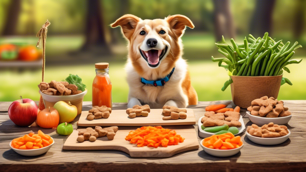 An array of top 10 healthy dog treats artistically displayed on a rustic wooden table, surrounded by fresh ingredients like carrots, apples, and green beans, with a happy dog playfully trying out one