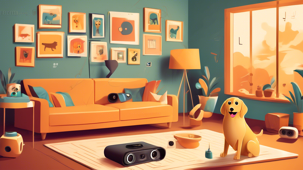 Digital illustration of various smart dog cameras with integrated speakers, set in a cozy living room where a golden retriever is interacting with one of the cameras, displaying emotion icons and voic