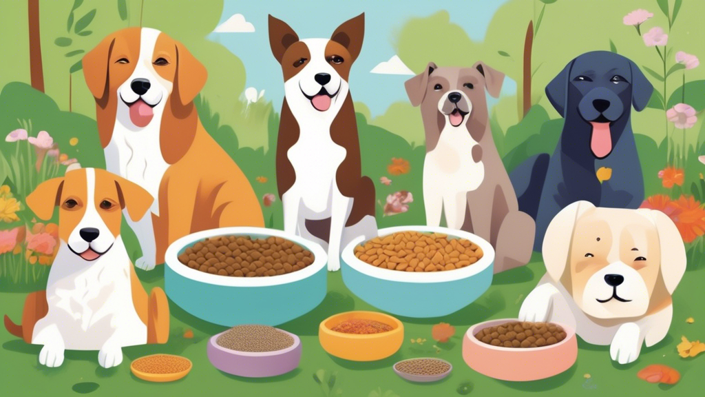 A serene illustration of various breeds of dogs with sensitive skin joyfully eating from bowls filled with different types of dog food specifically formulated for skin relief, set in a peaceful garden