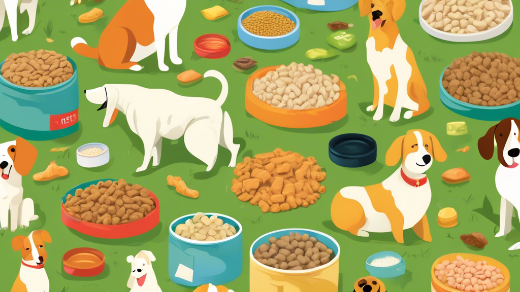 An illustration of a variety of dog food brands laid out on a gentle grassy field under the summer sun, with different breeds of dogs peacefully eating, showcasing bags labeled specifically for sensit