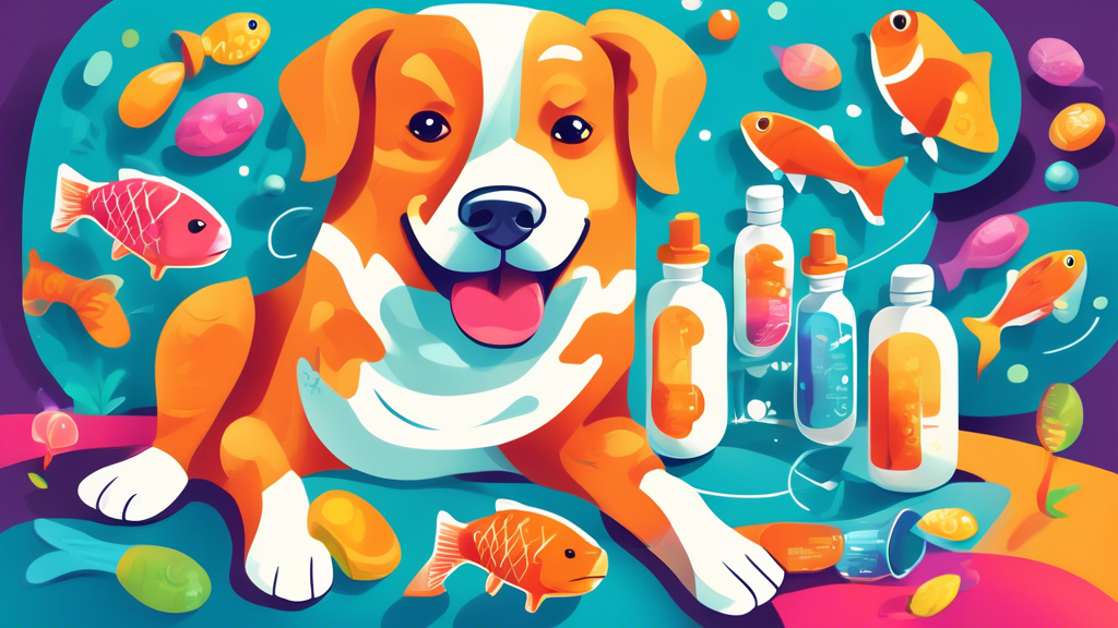 An illustration of various natural dog joint supplements, such as glucosamine and fish oil, arranged around a happy, active dog with healthy glowing paws, in a vibrant, pet-friendly environment.