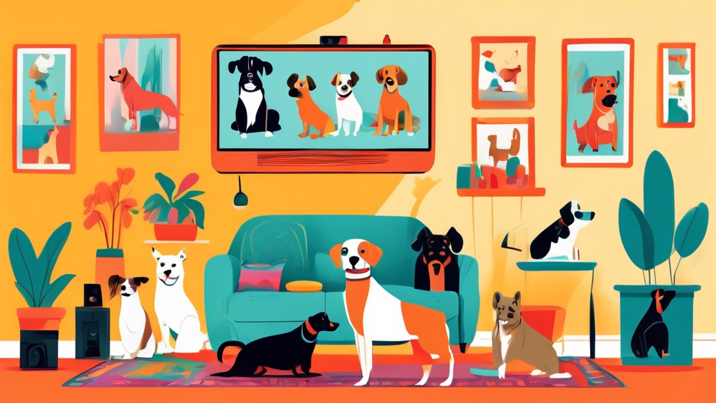 An illustrated living room scene with a variety of five stylish dog monitors set up around the room, showing different breeds of dogs on the screens, in a vibrant, cheerful color palette.
