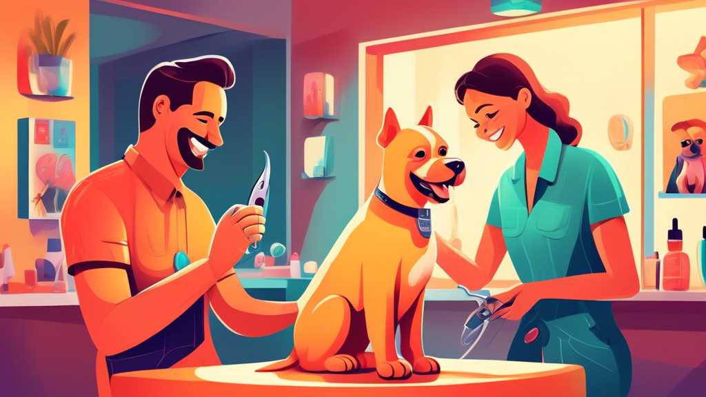 A stylish and ergonomic dog nail clipper with a gentle dog having its nails trimmed by a smiling professional groomer, highlighted by a soft, comforting glow, all set in a cozy, well-lit grooming salo