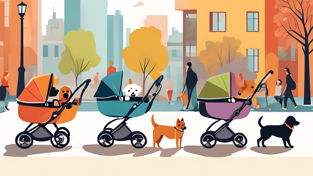 A gentle urban background setting with a variety of medium-sized dogs exploring three distinct, stylish dog strollers prominently displayed. Each stroller, uniquely designed, features different colors