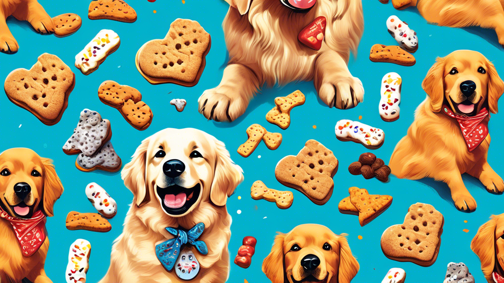 A colorful illustration of a variety of dog treats from top brands, with each treat uniquely designed to represent its brand, featuring happy dogs of different breeds wearing bandanas, tastefully arra