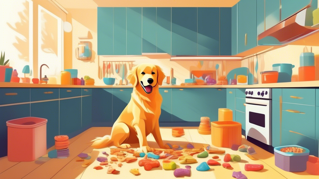 A cheerful golden retriever sitting in a sunny kitchen, surrounded by a variety of colorful dog treats laid out on the floor, each shaped differently and neatly labeled with organic ingredients.