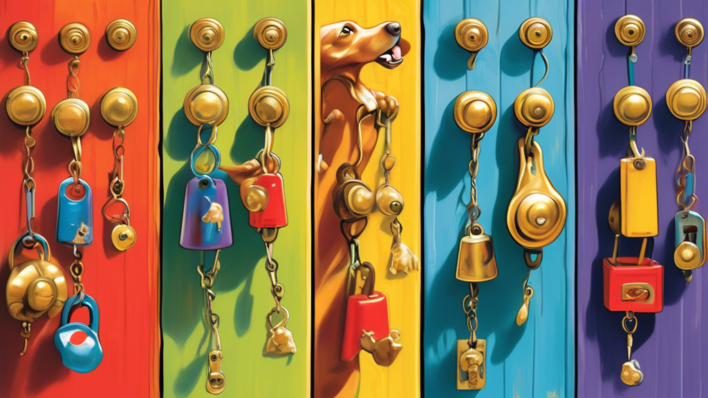An array of stylish and functional doggie doorbells hanging on a brightly painted door, with different breeds of dogs of various sizes, from a tiny Chihuahua to a large Golden Retriever, playfully rin