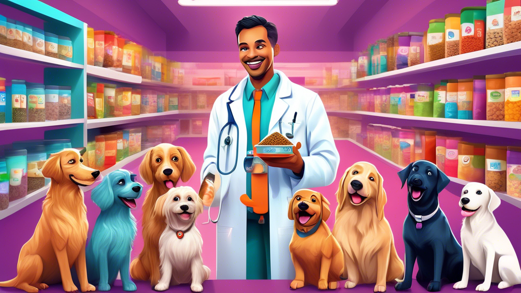 A highly detailed digital art piece of a cheerful veterinarian in a white coat recommending dry dog food options to a diverse group of dogs with sensitive skin, depicted in a colorful pet store settin