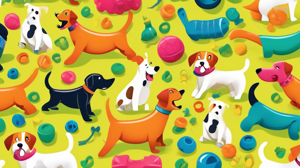An assortment of cartoon-styled indestructible dog toys designed for aggressive chewers, displayed on a sturdy play mat, with a variety of breeds happily engaging with their toys in a vibrant backyard