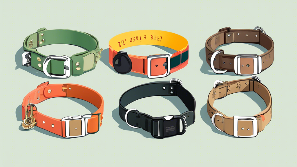 A digital illustration of a variety of the top electronic dog collars from 2023, displayed on a neutral background with each collar tagged with its key features and ratings, showing different breeds o