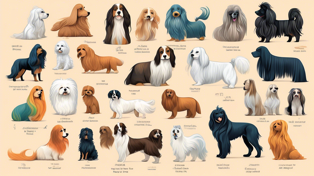 A colorful illustrated guide featuring a diverse array of long-haired dog breeds, each depicted in a unique and charming setting, showcasing their distinctive traits and lush, flowing coats.