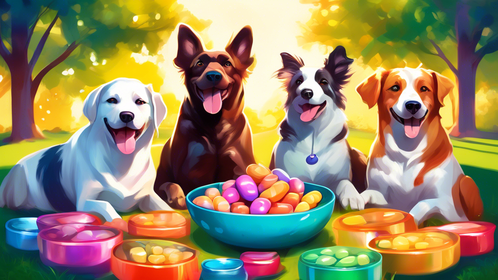 A digital painting of various breeds of happy, healthy dogs sitting around a bowl filled with glowing, colorful probiotic supplements in a sunny park setting.