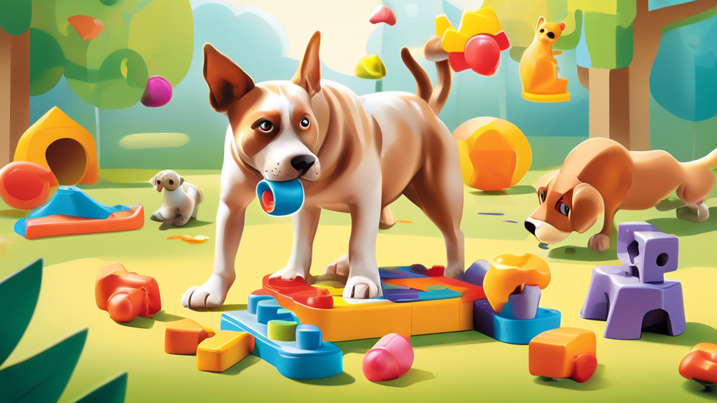 A variety of colorful and innovative puzzle toys for dogs, displayed in a lively and engaging setting. The image includes a playful dog trying to solve a treat-dispensing puzzle, surrounded by differe