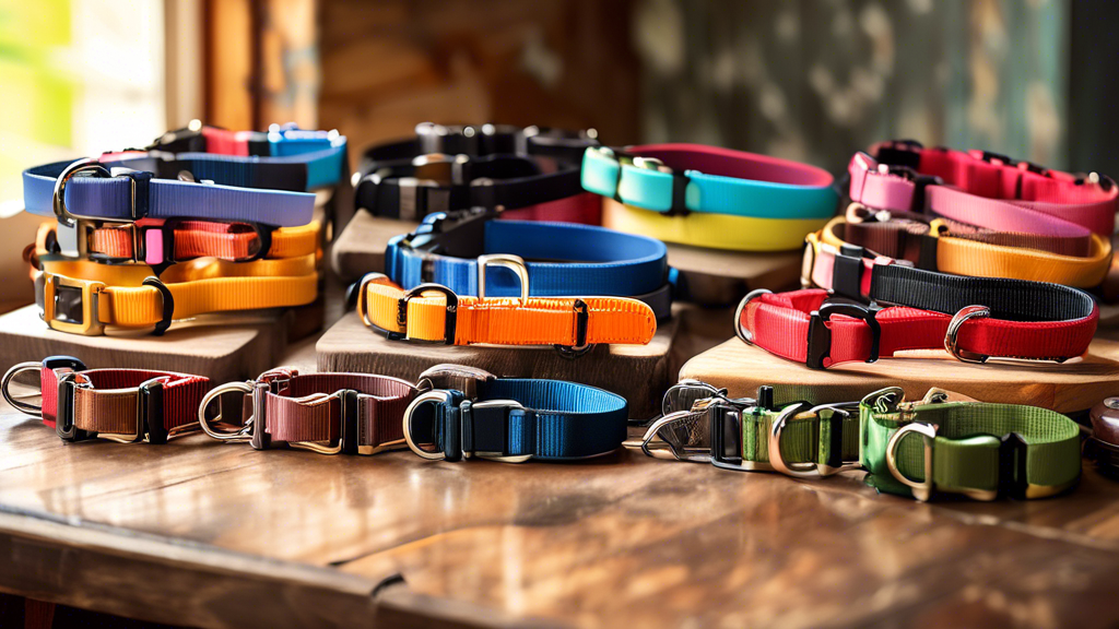 An array of remote dog training collars displayed on a wooden table, each with different designs and features, in a sunlit room with a variety of dog breeds sitting patiently in the background, showin