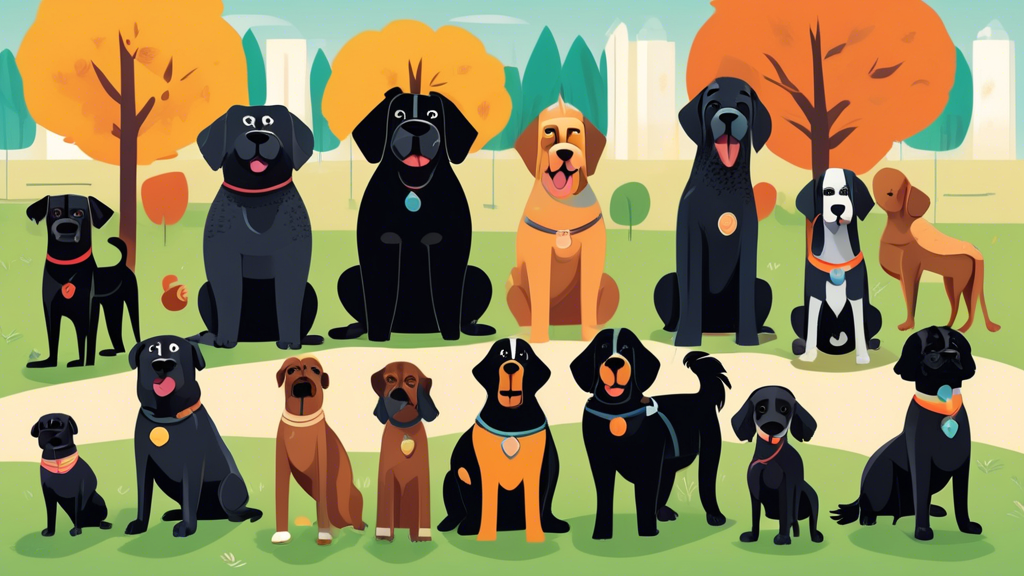 Illustration of various large black dog breeds standing together in a park, each displaying unique characteristics, with a guide explaining their care needs.