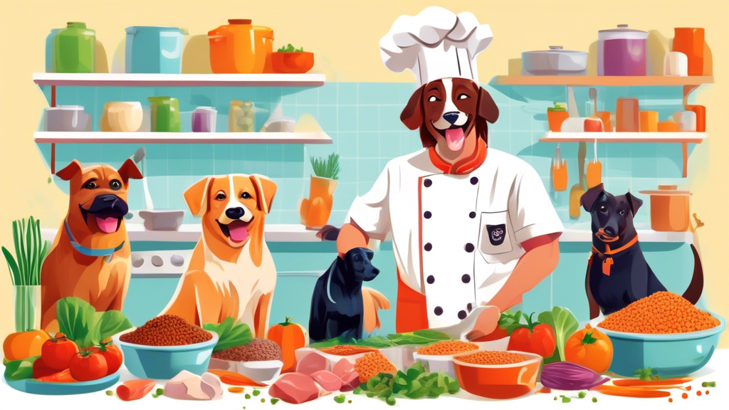 Colorful illustration of a happy veterinarian in a chef hat preparing a variety of homemade dog food recipes in a kitchen filled with fresh ingredients like vegetables, meats, and grains, surrounded b