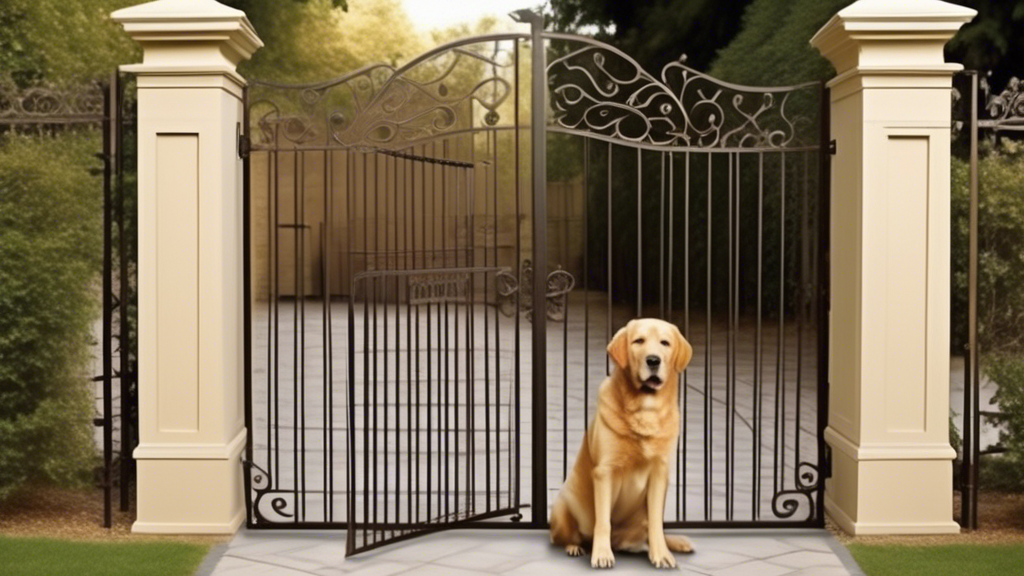 Create an image of a large dog standing in front of a sturdy, secure dog gate. The gate should be designed specifically for big dogs and demonstrate durability and strength. The dog should appear eage