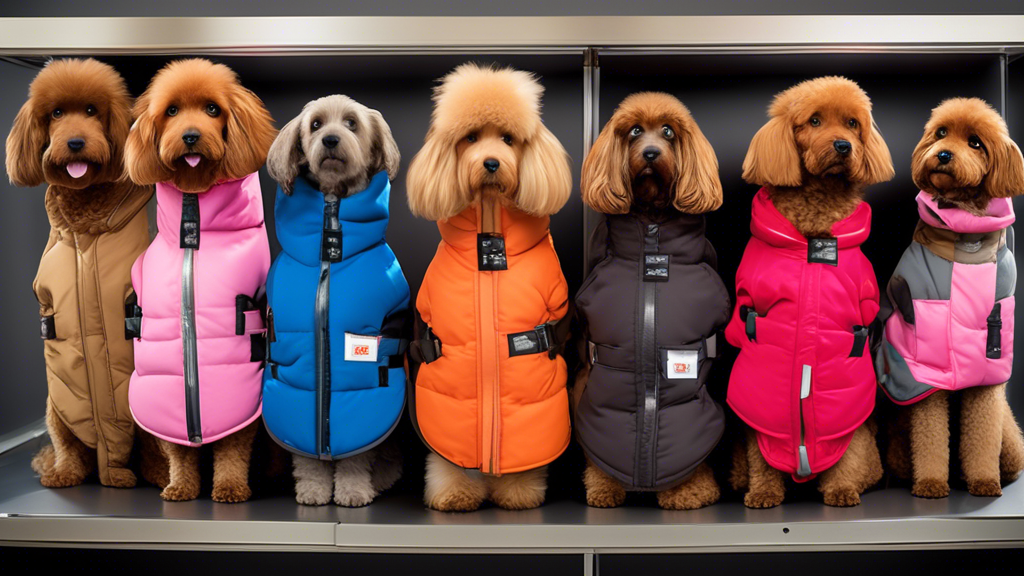 Create an image of a variety of dog coats lined up on display, each with different features such as fleece lining, water-resistant material, and adjustable straps. The coats should represent a range o