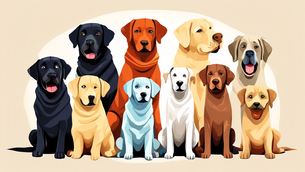 Please create an image of a variety of dog coats suitable for a Labrador retriever, showcasing different styles and colors to help in choosing the best one.