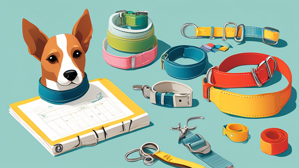 Create an image of a variety of collar options displayed on a table, including different styles, colors, and materials suitable for boy dogs. Make sure to include a tape measure, a small dog figurine