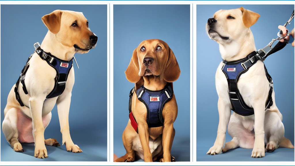 Create an image of a dog wearing three different types of no-pull harnesses - a front-clip harness, a back-clip harness, and a head collar. The image should showcase the differences in design and plac