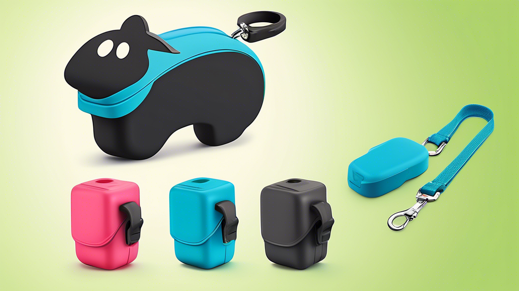 Create an image of a compact, convenient dog poop bag dispenser attached to a leash, making it easy for pet owners to clean up after their furry friends during walks. The dispenser should be sleek, li