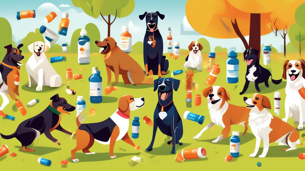 Create an image of a diverse group of happy and healthy dogs of various breeds playing and running around in a park, with labeled bottles of different joint supplements for dogs scattered around them.