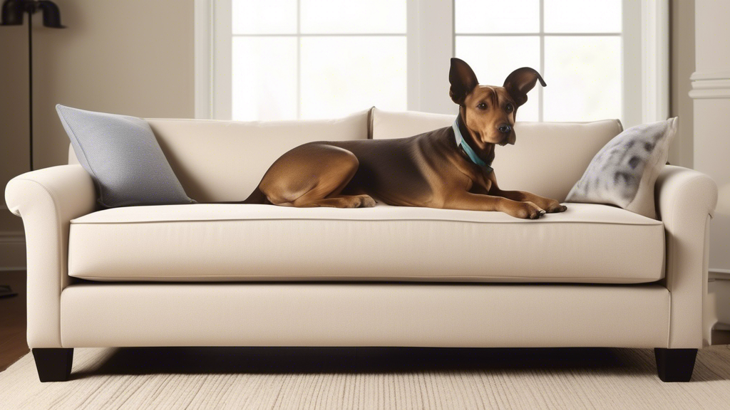 Create an image of a stylish and comfortable sofa made from durable fabrics, featuring a playful dog sitting happily on the sofa. The sofa should showcase a modern design with pet-friendly materials t