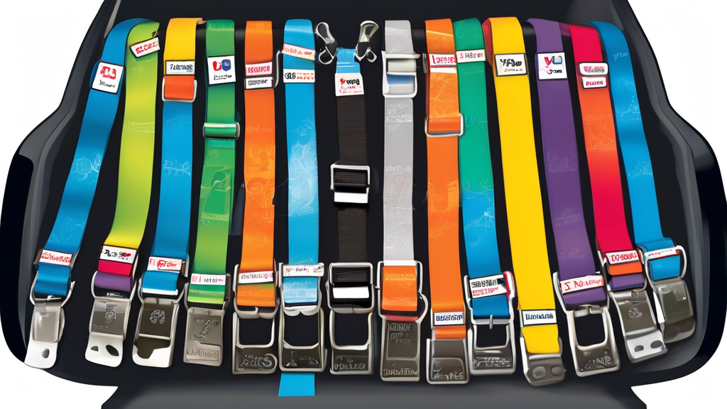 Create an image of a variety of dog seat belts and harnesses, displayed in an organized and informative manner, with labels specifying the features of each product. The image should showcase the diffe