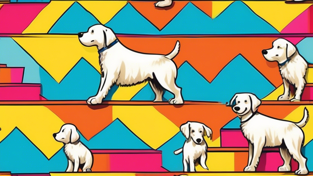 Create an image of a playful dog confidently navigating a set of brightly colored steps or stairs in a vibrant, whimsical world. The scene should capture the essence of a fun and delightful exploratio