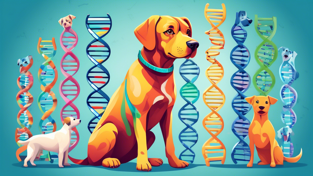 Create an image of a dog sitting next to a colorful DNA strand unraveling, with various dog breeds labeled along different sections of the DNA. The dog should have a curious expression, looking up at