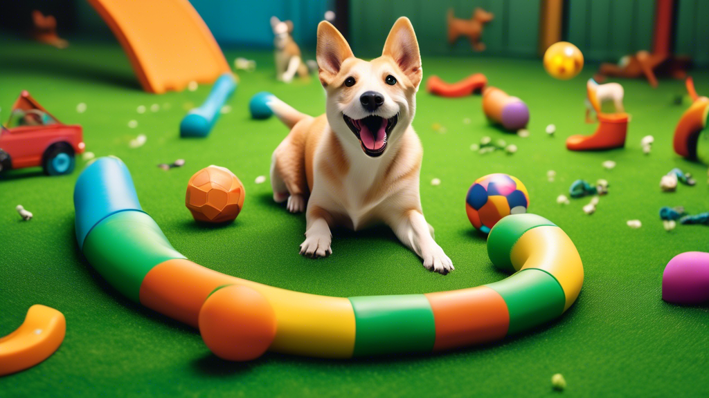 Create an image of a happy dog playing on a lush and vibrant astroturf field, with various toys and obstacles scattered around for the dog to interact with. The scene should convey a sense of fun and