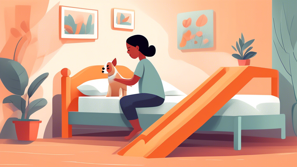 An image of a small dog safely and happily climbing onto a bed using a specially designed pet ramp or step stool, with a person gently guiding and supporting the dog. The setting is cozy and inviting,