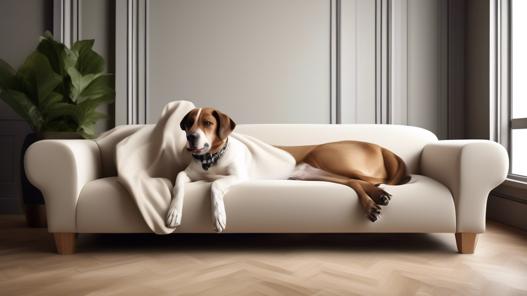 Create an image of a stylish and luxurious couch fitted with a custom cover designed specifically for dogs. The cover should be sleek and modern, seamlessly blending in with the overall aesthetic of t