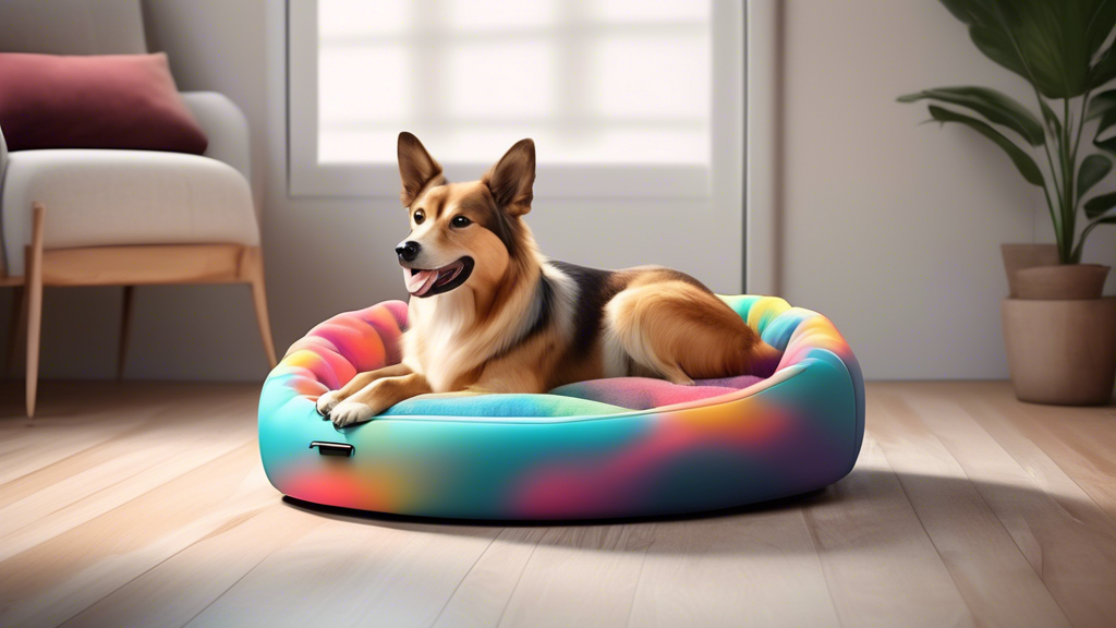 Create an image of a cozy and comfortable dog bed designed with high-tech features, such as a built-in electric cooling system, ensuring a restful and comfortable sleep for a happy canine companion.
