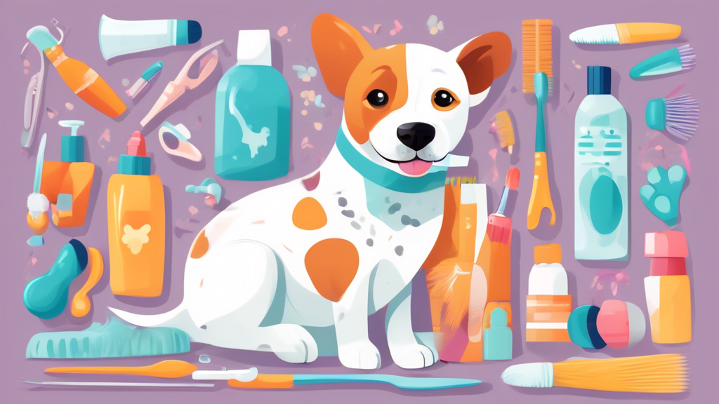 Create an image of a cute dog getting its ears gently cleaned with a vet-approved ear cleaner solution, surrounded by various pet care products like brushes and toys, with a soothing and pet-friendly