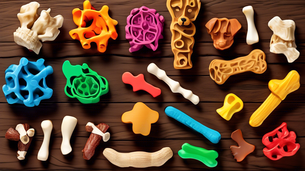 Create an image of a diverse assortment of dog chews displayed on a wooden table - including bones, jerky, rawhide, and dental chews. Each chew should be in vibrant colors and varied shapes to show a