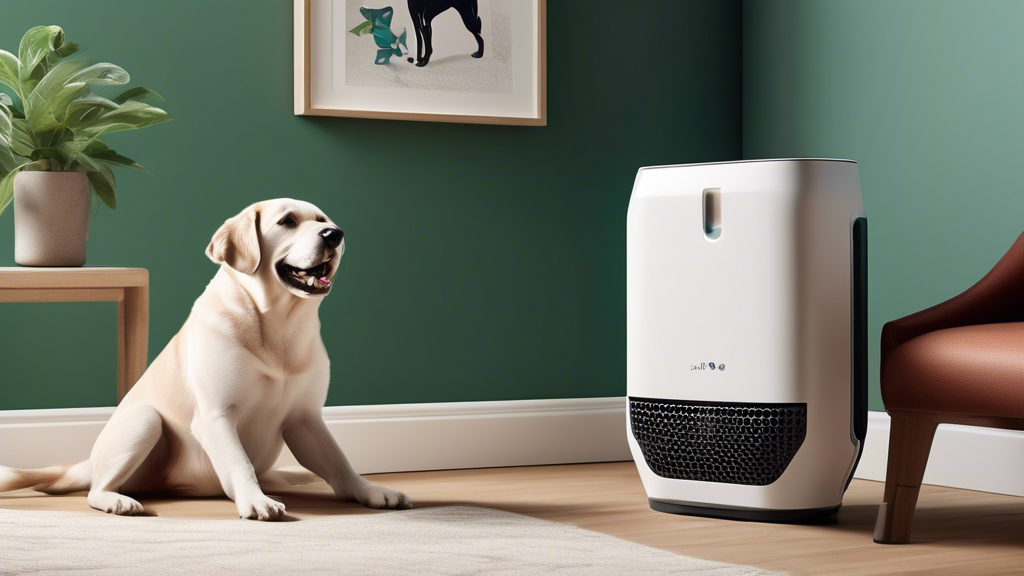 Create an image of a sleek, modern air purifier designed specifically to remove dog dander particles from the air. The purifier should be shown in a living room setting with a happy dog and its owner,